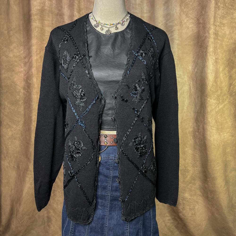 Vintage Cardigan Sweater 90s Floral Embroidered Ribbon Argyle Black Goth Macrabe
